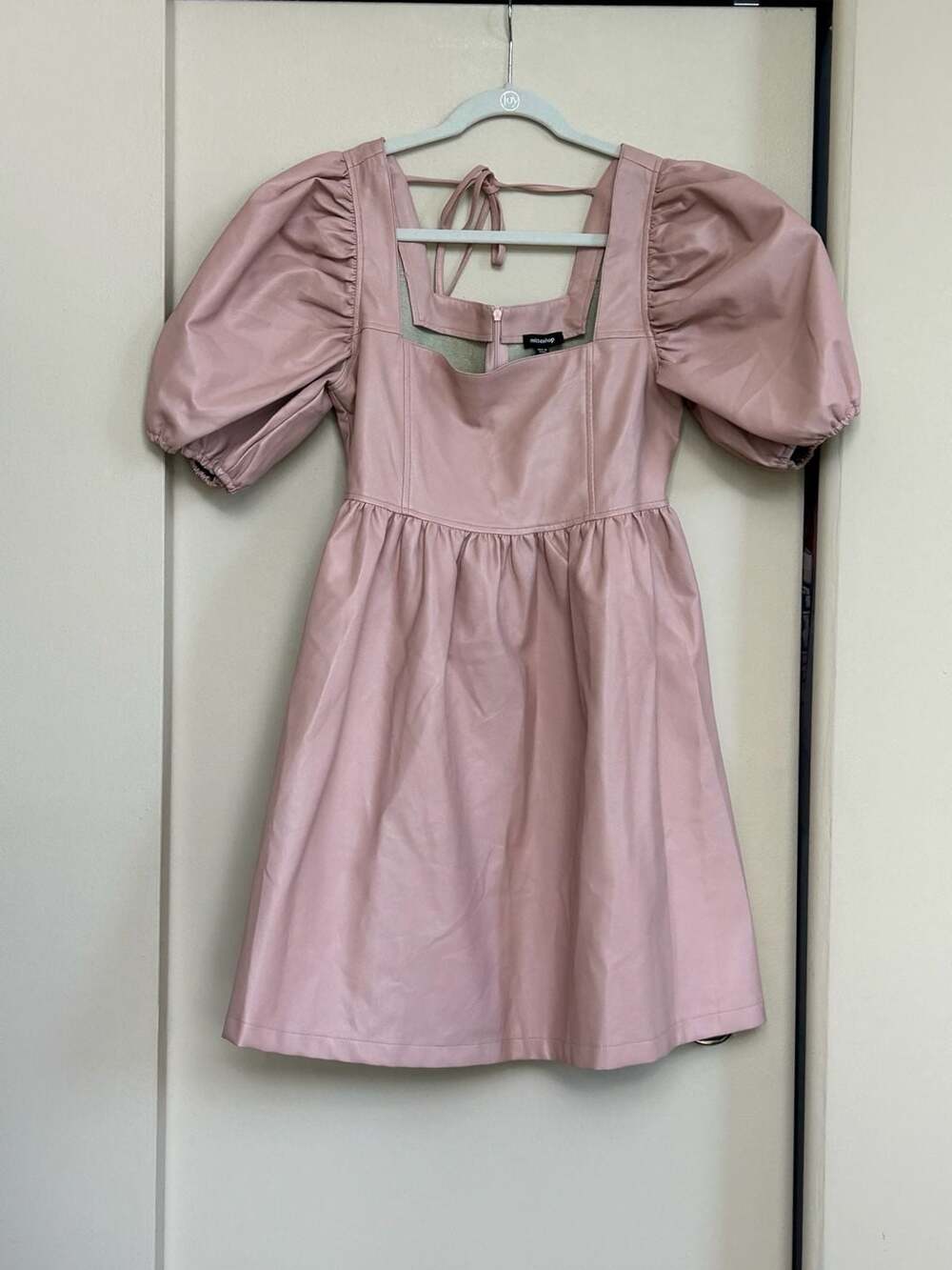 Mittoshop Faux Leather Dress Size M Pink Puff Sleeve Mini